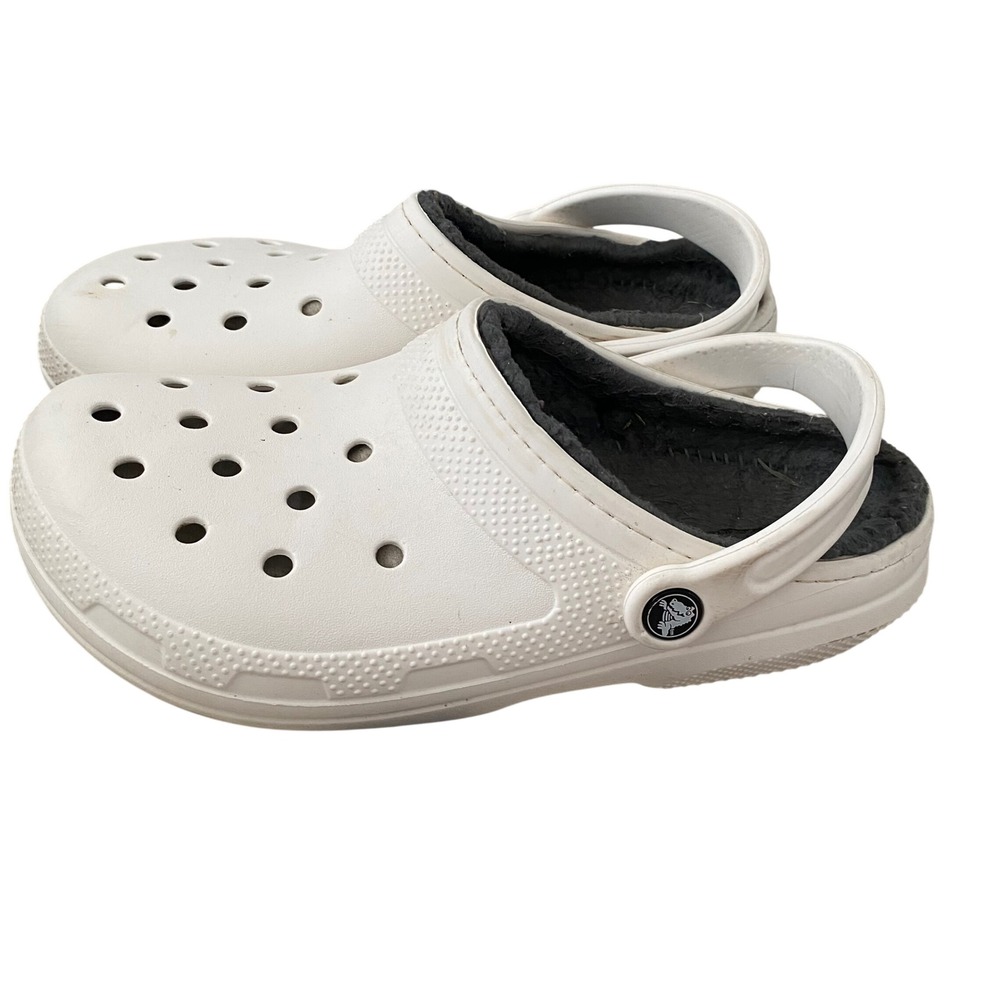 Crocs Classic Lined Clogs White Charcoal Grey Faux Fur Shoes Womens